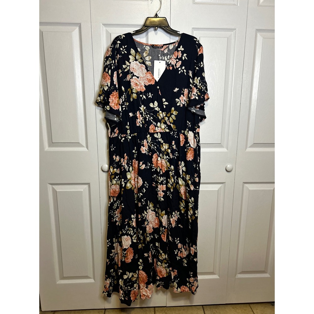 BloomChic Women Plus Size 26 Navy Floral Rose Faux Wrap V-Neck Maxi Dress NWT
